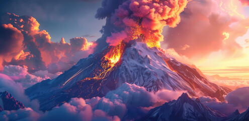 A dramatic photo of an erupting volcano with smoke and ash in the sky, set against the backdrop of snowcapped mountains under a fiery sunset - Powered by Adobe