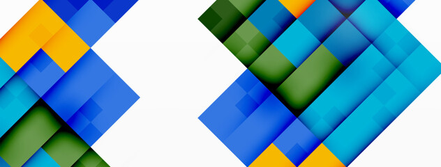 A colorful textile art featuring a blue, green, and yellow geometric pattern of rectangles and triangles on a white background, creating a symmetrical design with a variety of tints and shades