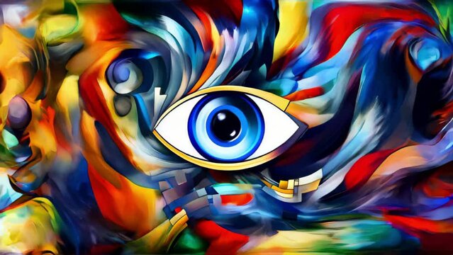 Psychedelic eye is a fusion of vivid colors and swirling patterns. surreal hypnotic abstract background. eye surrounded by waves of blue, red, yellow, and green waves. Eye of providence