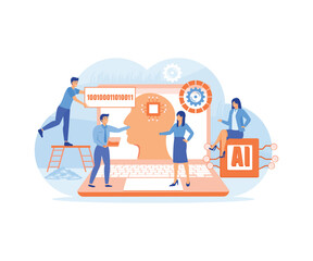 Brain with neural network on laptop and scientists, tiny people. Artificial intelligence,machine learning, data science and cognitive computing concept. flat vector modern illustration