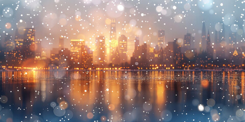 Fototapeta na wymiar Blurred background of snow falling on the city, bokeh background