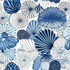 Summer Beach Seaside Print. Ocean Fashion Textile Blue, White Background. Seashore Elements Texture