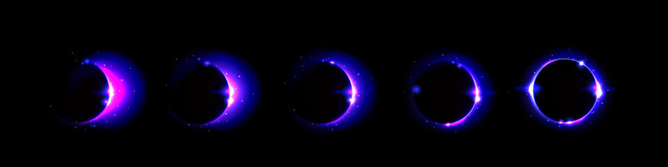 Stages of eclipse of sun by moon. Realistic vector illustration set of different steps of stellar corona from crescent to ring. Blue astronomy galaxy circle with neon glow effect, rays and sparkles.