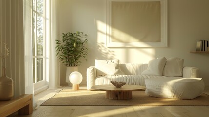 Ultra-detailed 3D rendering of a minimalist living room in a tranquil mood, soft natural light enveloping simple, soothing decor and furniture.