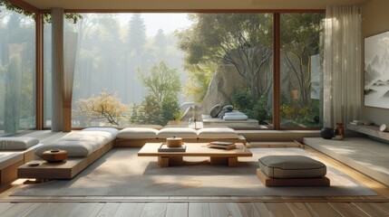 Fototapeta premium Ultra-detailed 3D rendering of a minimalist living room in a tranquil mood, soft natural light enveloping simple, soothing decor and furniture.