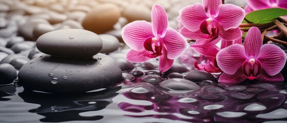 Harmonious spa atmosphere with flowers, water, and stones promoting relaxation and well-being