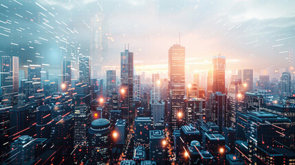 Ultrarealistic 3D render of a bustling cityscape at twilight, showcasing glowing skyscrapers with reflective glass facades, ideal for architectural visualizations with double exposure of business grap