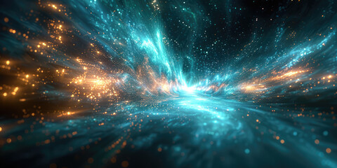 A cinematic background of an infinite cosmic space with glowing blue and golden lights, representing the vastness of the universe.  Created with Ai