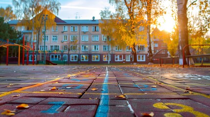 Colorful Fall Evening at School: Playground Fun with Hopscotch