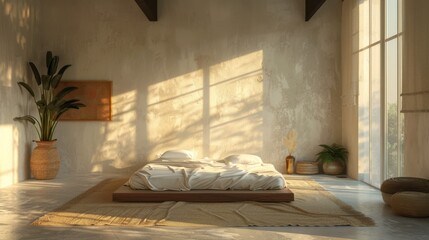 Ultra-detailed 3D rendering of a minimalist bedroom designed for relaxation, with a low bed, soft textures, and the clean light of dawn.