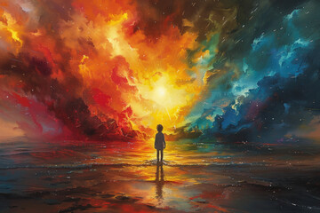  A boy standing in the middle of an explosion, rainbow colors, a watercolor painting in the style of surrealistic and ethereal cinematic lighting. Created with Ai