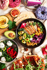 Vegan food on wooden background.  Healthy and tasty brunch