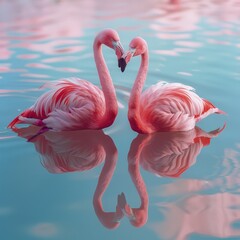 Two pink flamingos are swimming in the water, their heads forming a heart shape. The water is a light blue color.