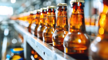 close up Beer bottles on a conveyor belt - Powered by Adobe