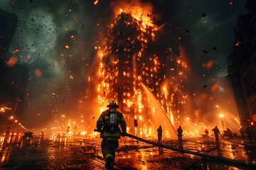 Valiant Firefighter Battling Raging Skyscraper Blaze with Industrial Grade Fire Hose Cityscape