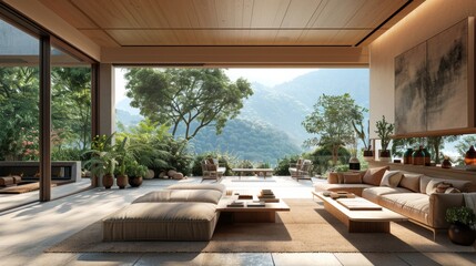 Ultra-detailed 3D rendering of a large living room with a clean design, incorporating minimal art pieces and a panoramic view of the outdoors.