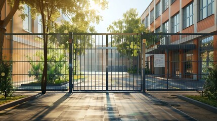 Sunlit School Building Entrance with Open Metal Gate: Architectural Detail in Bright Daylight
