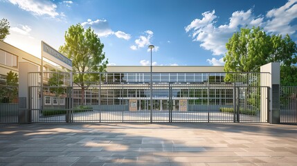 Sunlit School Building Entrance with Open Metal Gate: Architectural Detail in Bright Daylight