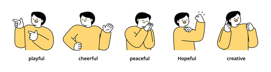 oy upper body character expressing 5 different emotions - Set 3. Simple outline vector illustration.