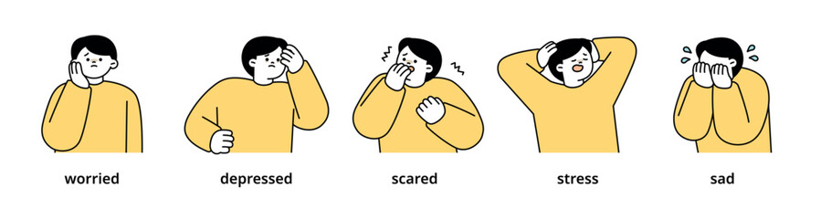 oy upper body character expressing 5 different emotions - Set 4. Simple outline vector illustration.