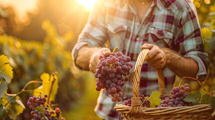 Fototapeta premium Close-up of a man picking grapes into a basket from a vineyard on dawn
