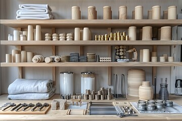 Fototapeta premium Assembling a DIY Bookshelf with Carefully Organized Components and Tools in a Neutral Toned Home