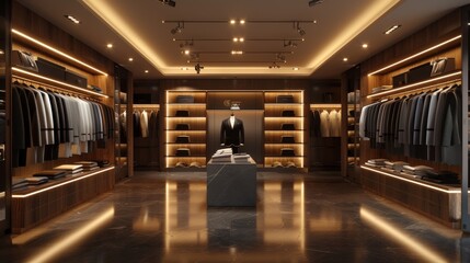 Ultra-detailed 3D rendering of a formal wear section in a department store, with suits and gowns elegantly displayed under refined, clean lighting that emphasizes fabric and fit.