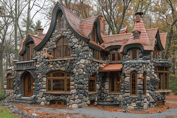 Fototapeta premium Enchanting Whimsical Cottage: Intricate Carved Architecture in Verdant Meadow