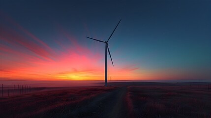Obraz premium Lone Wind Turbine Silhouette Against Vibrant Sunset Sky Depicts Renewable Energy s Cinematic Beauty