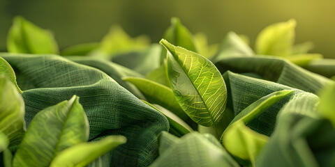 A close up of a green leaf with the sun shining on it, Green leaf tea plantation leaves background. 

