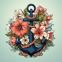 a blue anchor with flowers and a chain around it