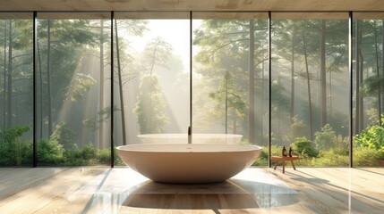 Fototapeta premium Ultra-detailed 3D illustration of a spacious bathroom with minimal decor and a wall of windows that look out onto a tranquil forest scene.