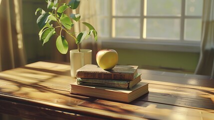 Teacher's Desk: Books Stack & Apple - School Classroom Scene