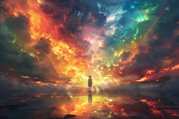 A person standing in the center of an endless sky filled with vibrant colors, surrounded swirling clouds and glowing stars. Created with Ai