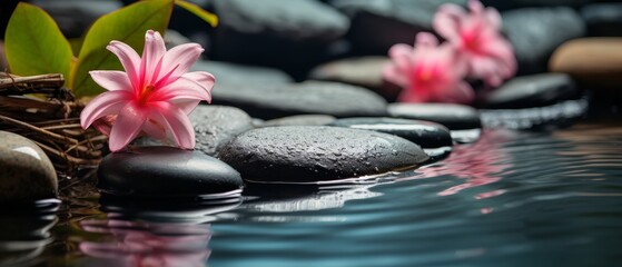 Banner for a spa retreat featuring flowing water, stones, and lush flowers for tranquility