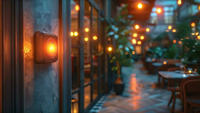 a cozy restaurant with brick walls, wooden tables and chairs, and warm lighting. The restaurant is empty