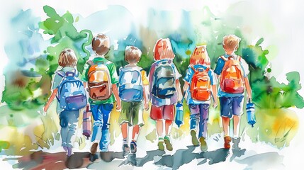 Watercolor Painting: Back to School - Group of School Children with Backpacks, View from Behind