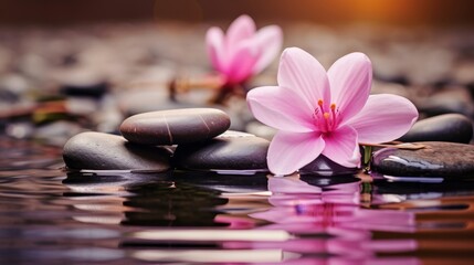 Calm spa atmosphere with serene water flow, stones, and fresh flowers for ultimate relaxation