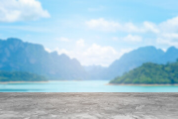 Cement counter top There is a view of the swimming pool and sea behind the resort. The garden of...