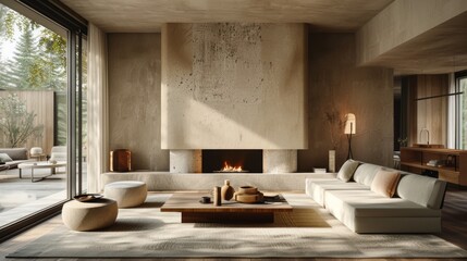 Realistic 3D rendering of a Scandinavian-style living room with a floor-to-ceiling fireplace, surrounded by simple, elegant furniture and natural lighting.