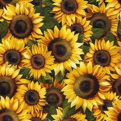 a field of sunflowers in full bloom, with their bright yellow petals and dark brown centers,seamless pattern.