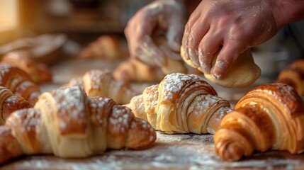Skilled Hands Crafting Delicate Buttery Croissants in Warm Morning Light