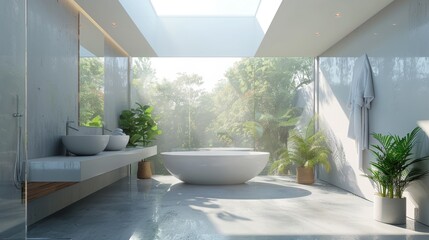 Fototapeta premium Realistic 3D rendering of an ultra-modern bathroom with floor-to-ceiling windows and a skylight that floods the space with natural light.