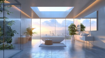 Realistic 3D rendering of an ultra-modern bathroom with floor-to-ceiling windows and a skylight that floods the space with natural light.