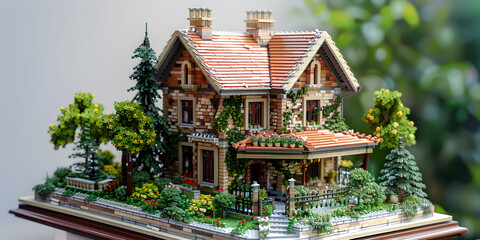 Naklejka premium A miniature Lego model of a cozy house with greenery perfectly crafted on a blueprint, evoking feelings of nostalgia and attention to detail From Bricks to Buildings 