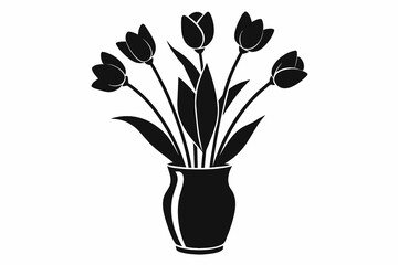 tulips in vase silhouette on white background, Vector illustration, silhouette, bird, icon, svg, characters, Holiday t shirt, Hand drawn trendy Vector illustration, Rose flower