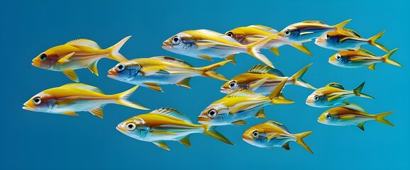 Illustration set: school of marine fish, migrating, blue background Many fish.Generative AI