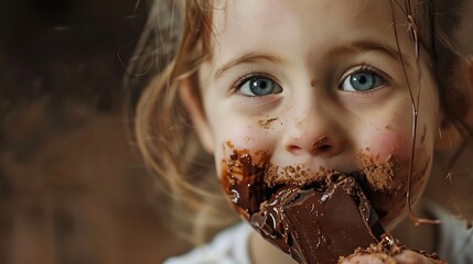 Naklejka premium A girl is eating chocolate and has chocolate on her cheek. Generative AI
