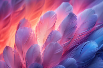 A closeup of feathers in various shades of pink and purple, with soft lighting creating gentle shadows on the delicate textures. Created with Ai
