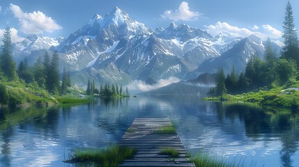 Majestic Mountain Lake with Weathered Wooden Dock Reflecting Towering Snow Capped Peaks and Lush